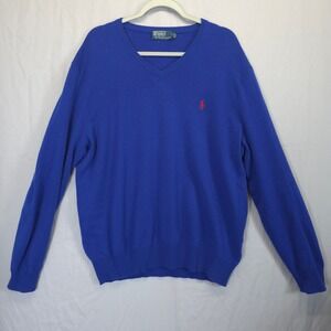 Polo Ralph Lauren Merino Wool Sweater Men XL Royal Blue V Neck Red Pony Logo